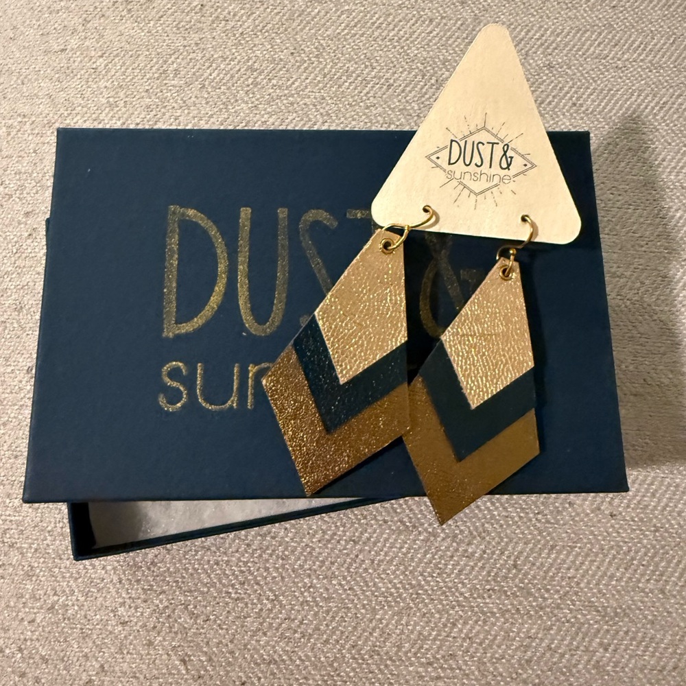 Gold and Blue Leather Chevron Earrings